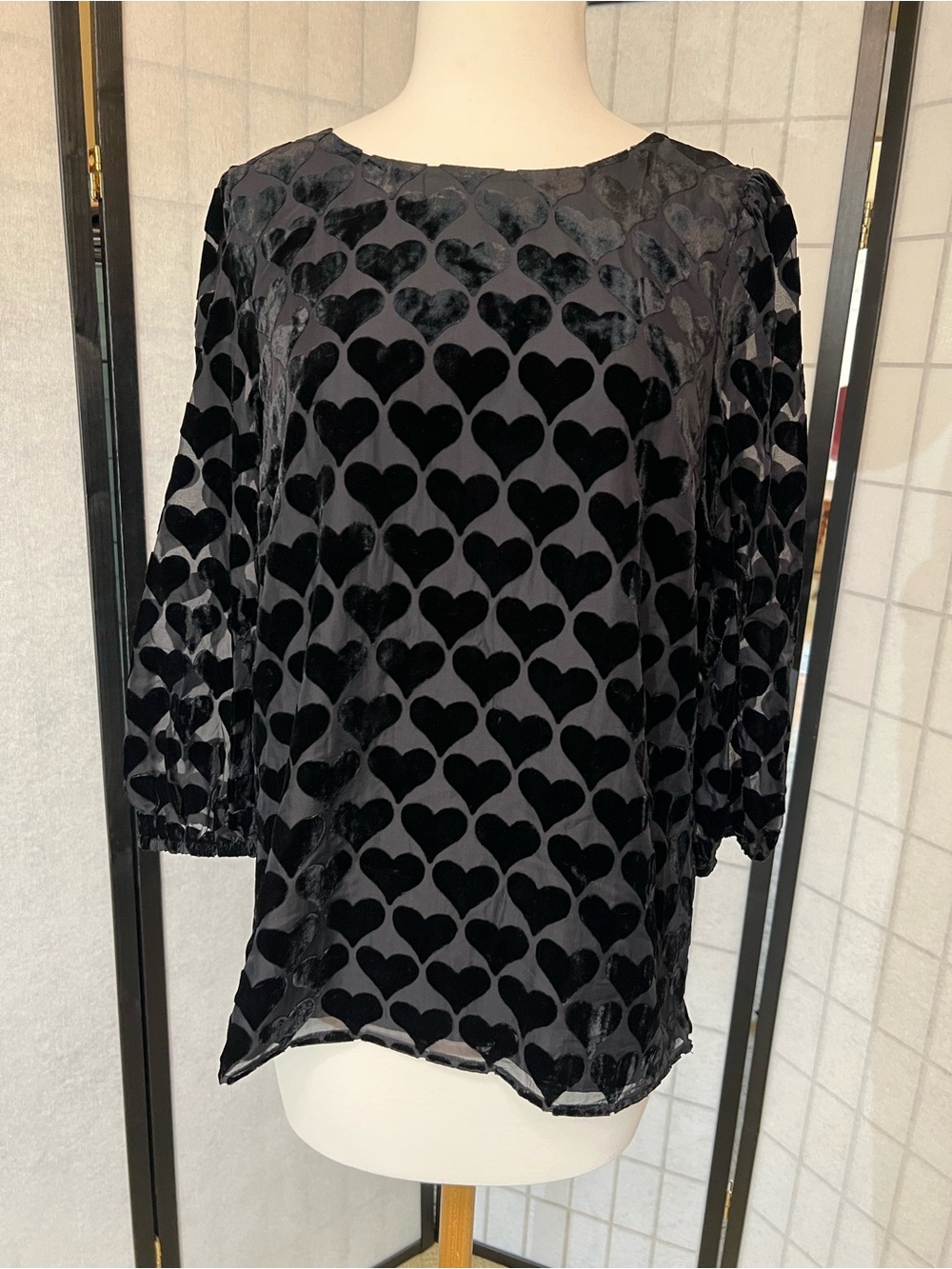 Talbots Black Velvet Heart-Pattern Blouse